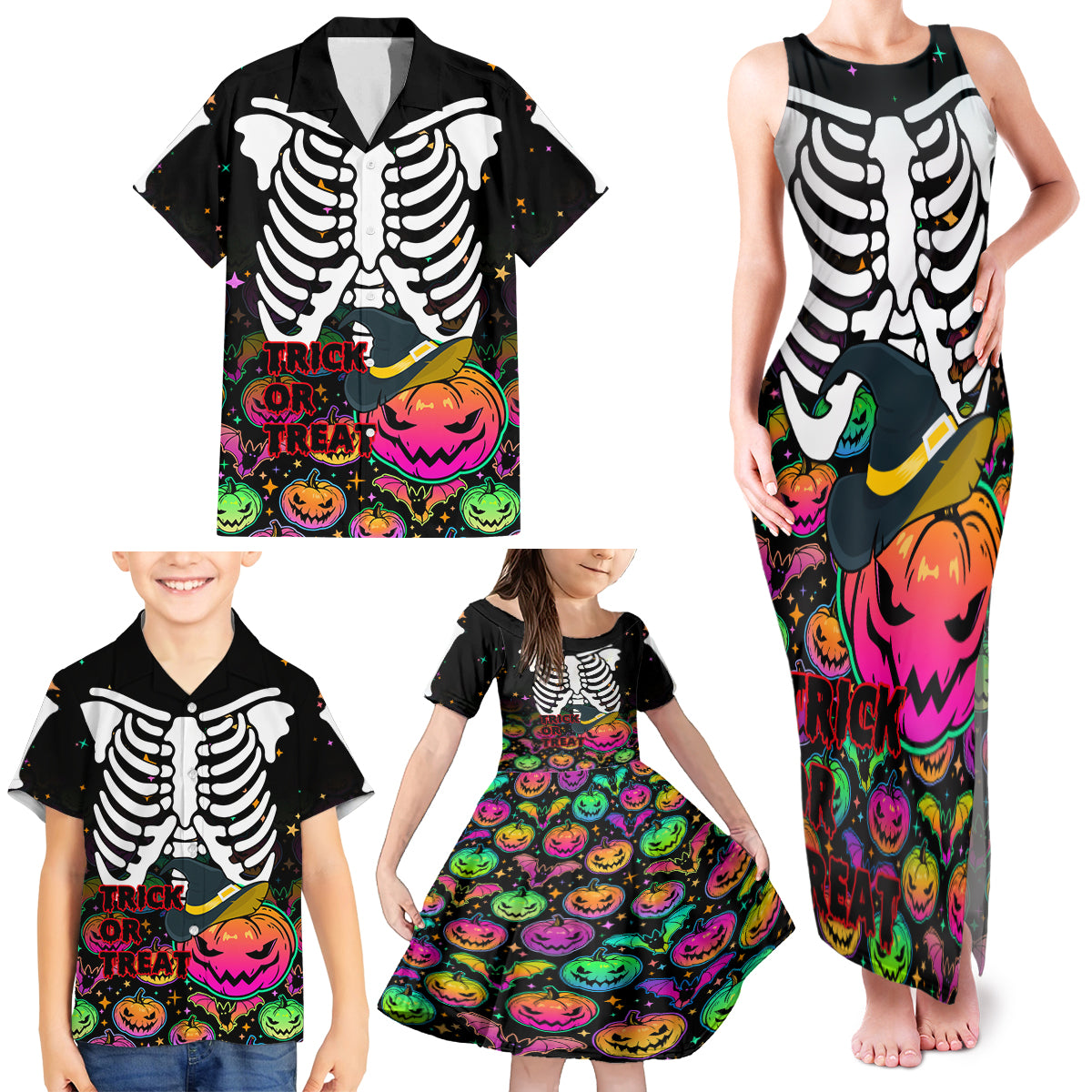 Halloween Skeleton Family Matching Tank Maxi Dress and Hawaiian Shirt Trick or Treat Witch Pumpkin Colorful - Wonder Print Shop