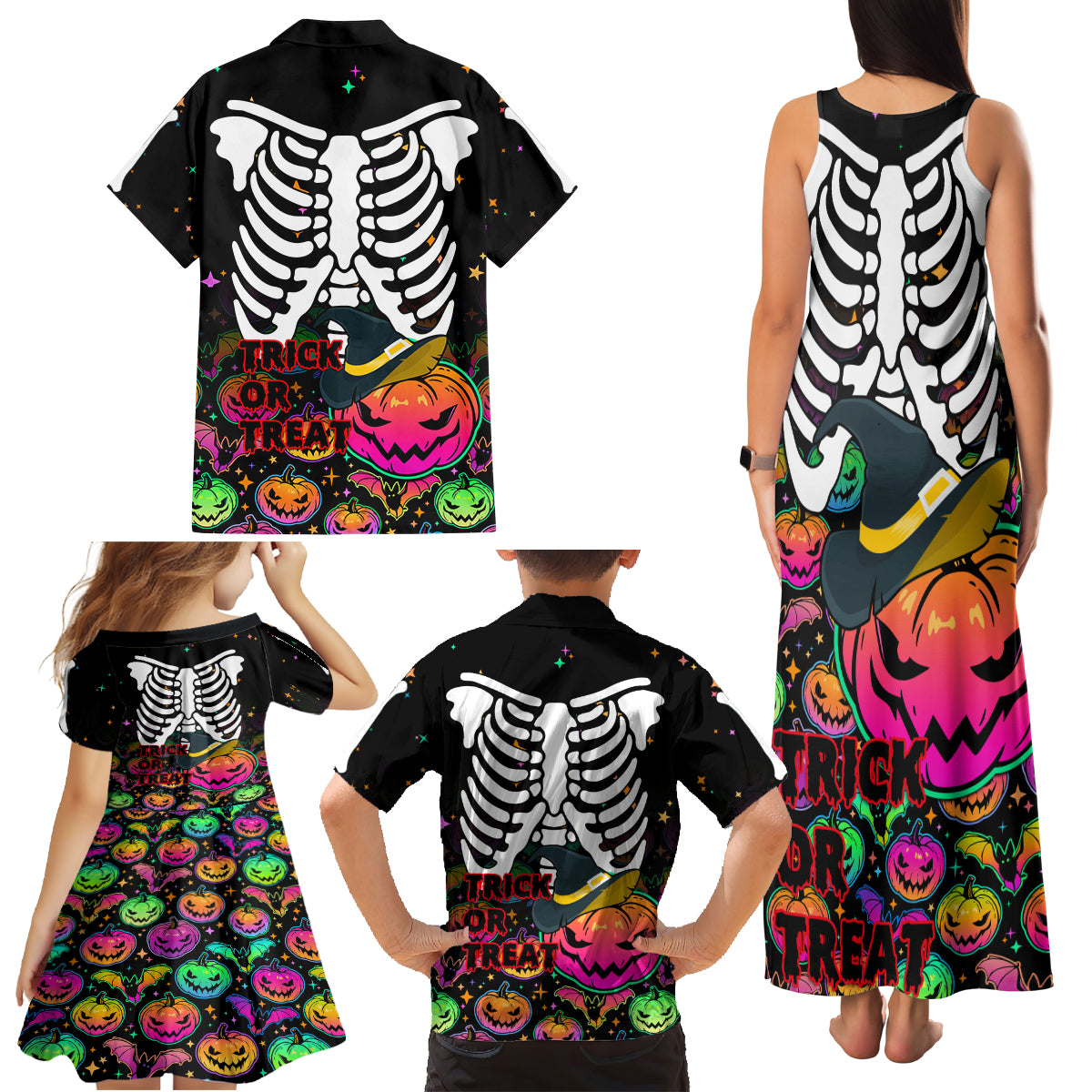 Halloween Skeleton Family Matching Tank Maxi Dress and Hawaiian Shirt Trick or Treat Witch Pumpkin Colorful - Wonder Print Shop