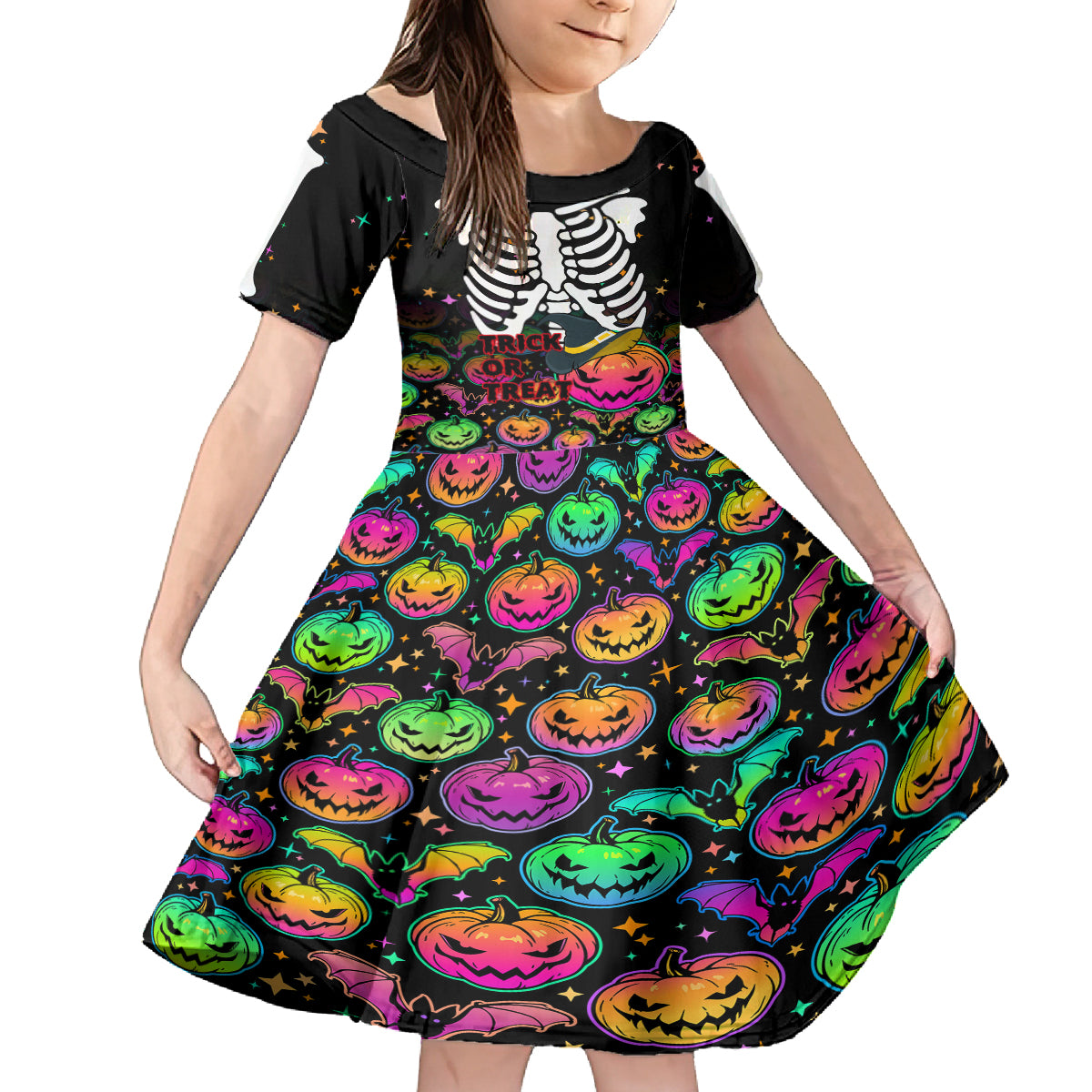Halloween Skeleton Kid Short Sleeve Dress Trick or Treat Witch Pumpkin Colorful - Wonder Print Shop