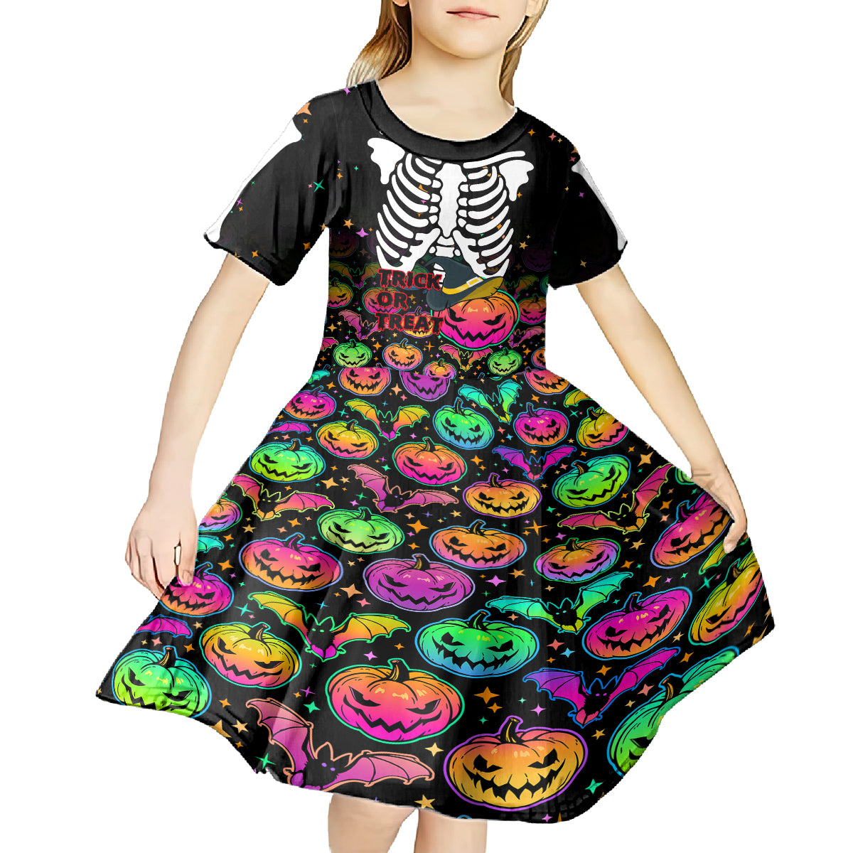 Halloween Skeleton Kid Short Sleeve Dress Trick or Treat Witch Pumpkin Colorful - Wonder Print Shop