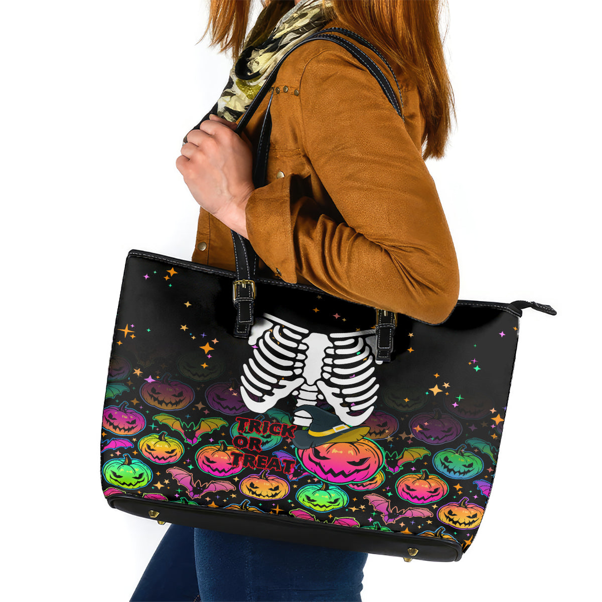 Halloween Skeleton Leather Tote Bag Trick or Treat Witch Pumpkin Colorful - Wonder Print Shop
