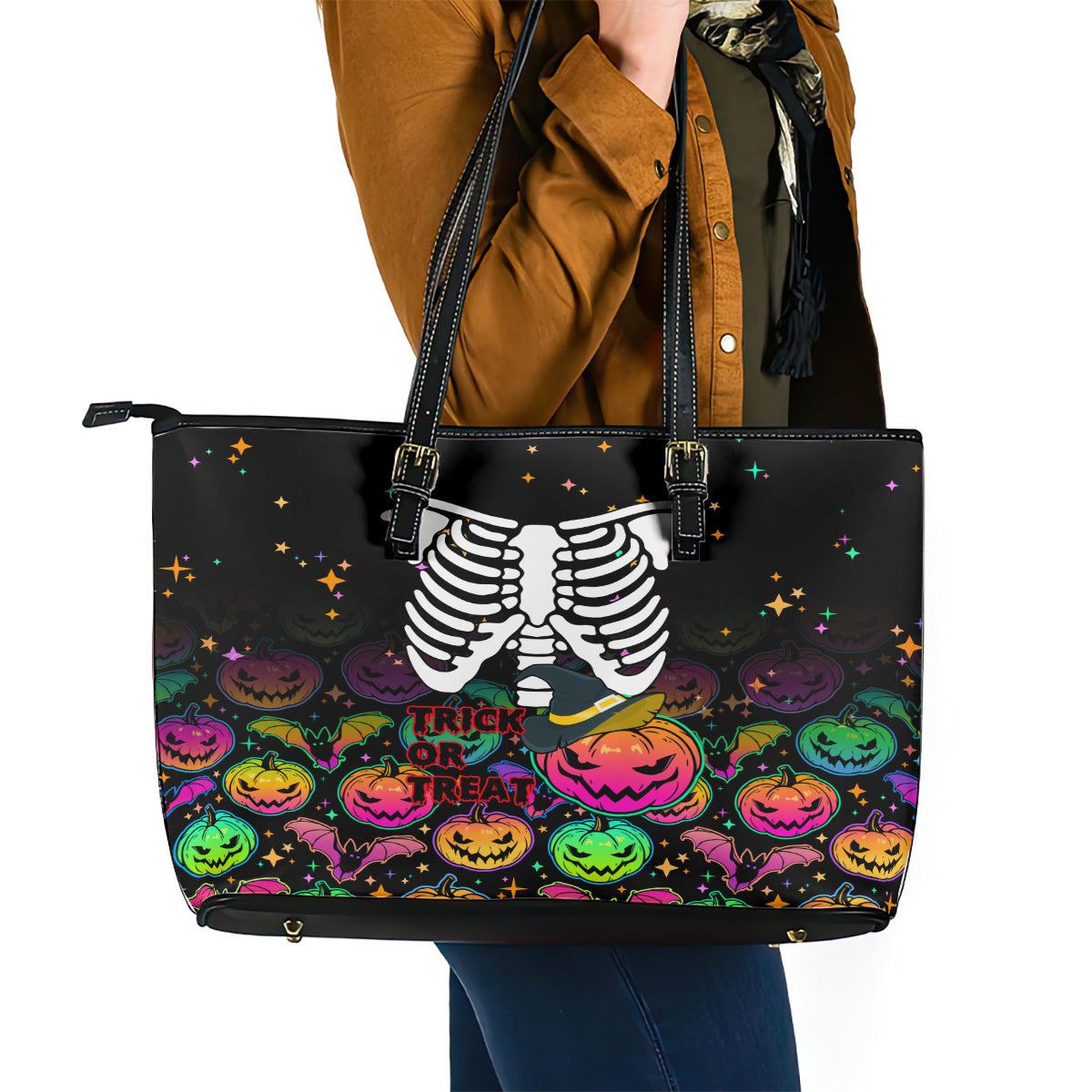 Halloween Skeleton Leather Tote Bag Trick or Treat Witch Pumpkin Colorful - Wonder Print Shop