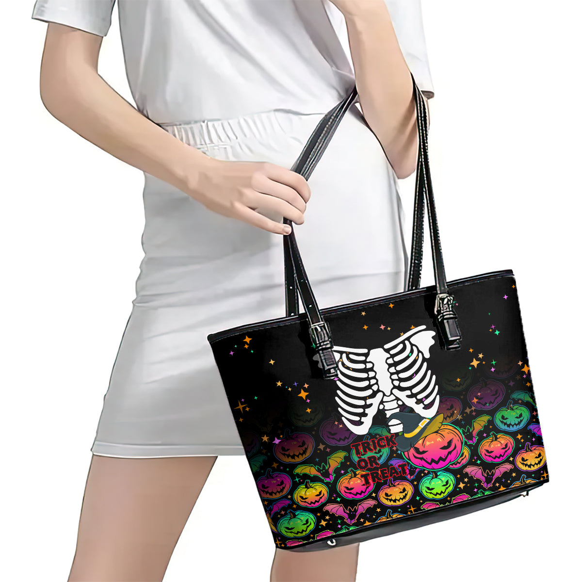 Halloween Skeleton Leather Tote Bag Trick or Treat Witch Pumpkin Colorful - Wonder Print Shop