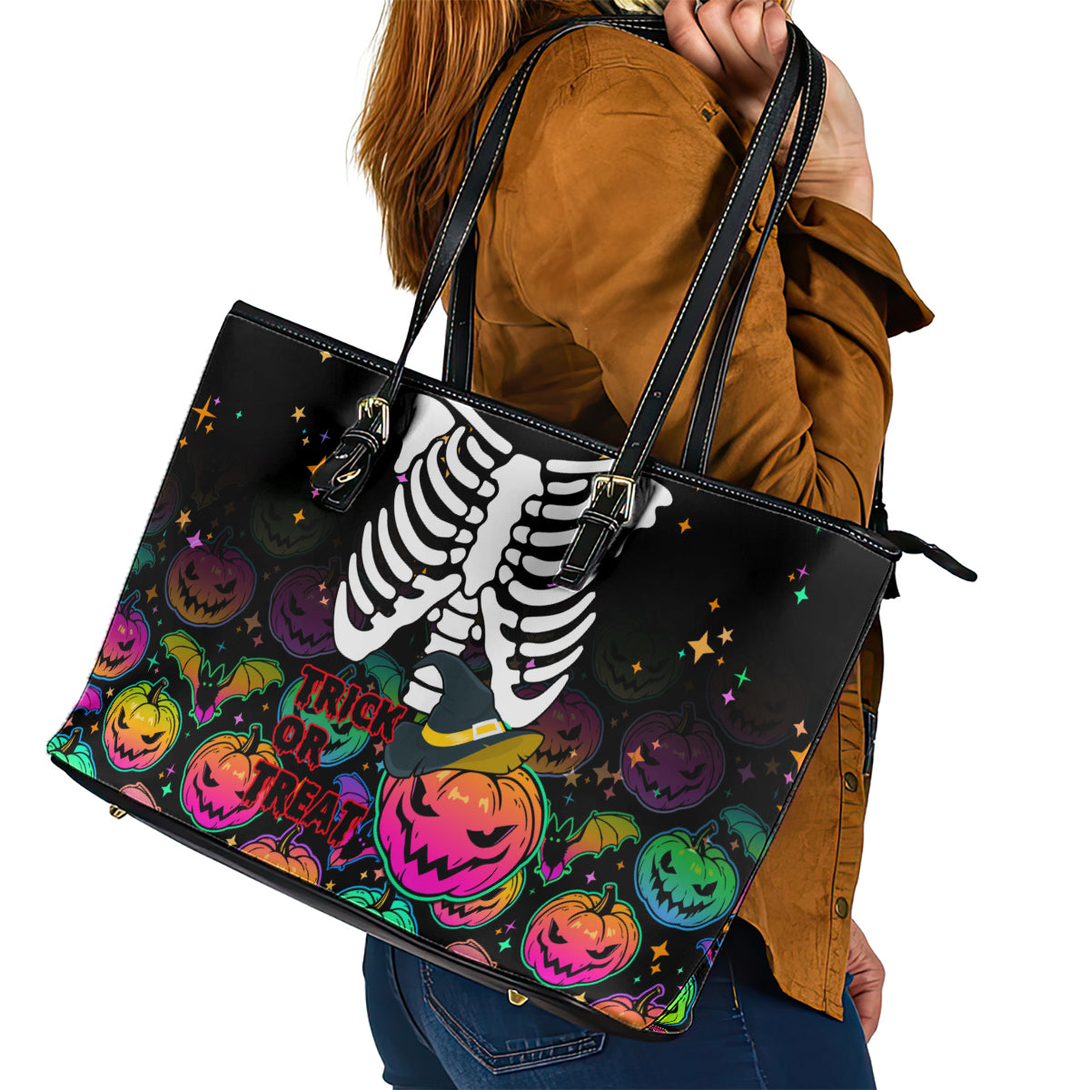 Halloween Skeleton Leather Tote Bag Trick or Treat Witch Pumpkin Colorful - Wonder Print Shop