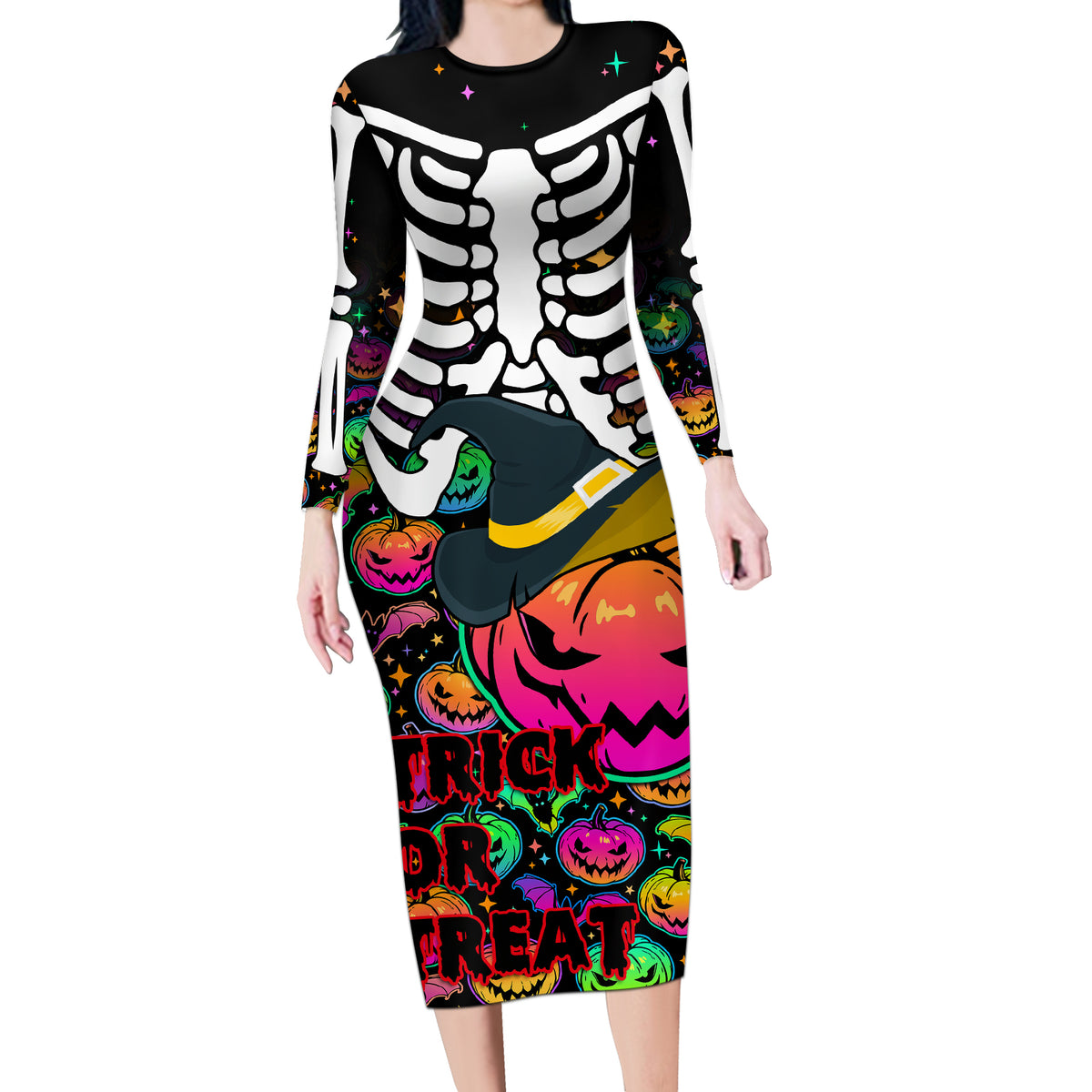 Halloween Skeleton Long Sleeve Bodycon Dress Trick or Treat Witch Pumpkin Colorful - Wonder Print Shop