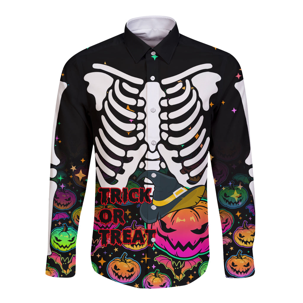 Halloween Skeleton Long Sleeve Button Shirt Trick or Treat Witch Pumpkin Colorful - Wonder Print Shop