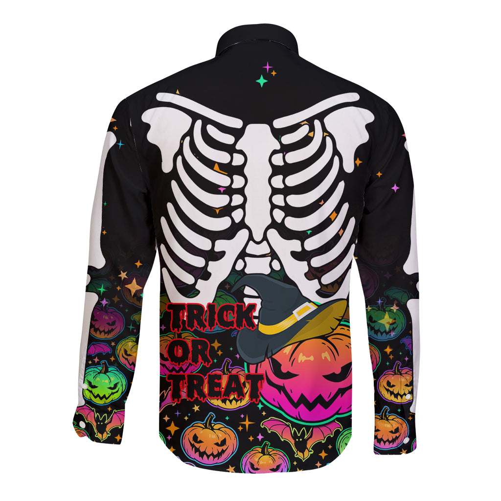 Halloween Skeleton Long Sleeve Button Shirt Trick or Treat Witch Pumpkin Colorful - Wonder Print Shop