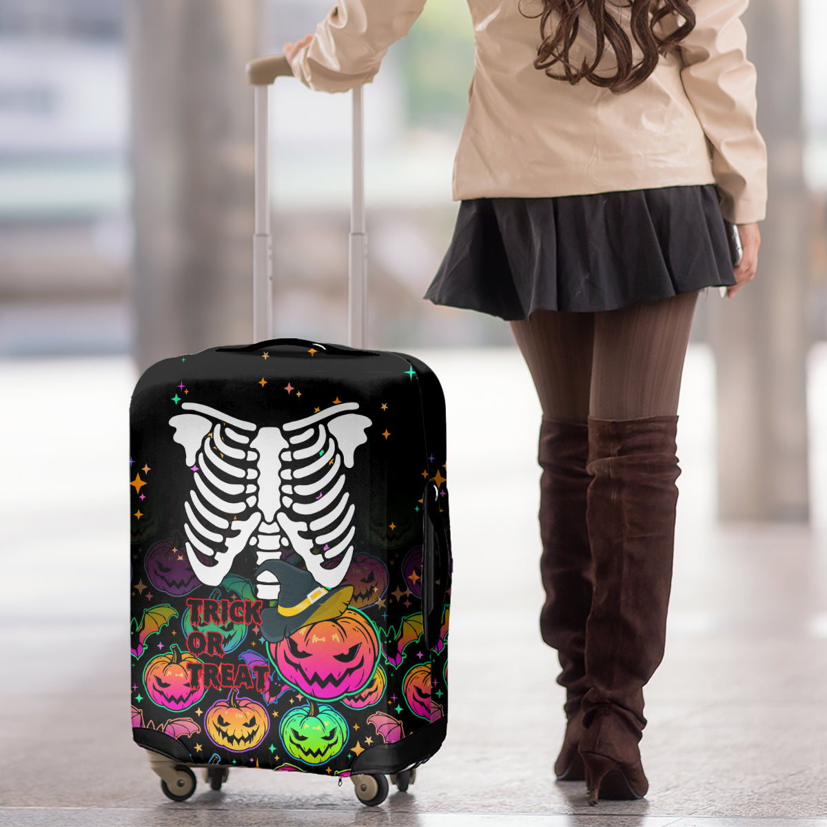 Halloween Skeleton Luggage Cover Trick or Treat Witch Pumpkin Colorful - Wonder Print Shop