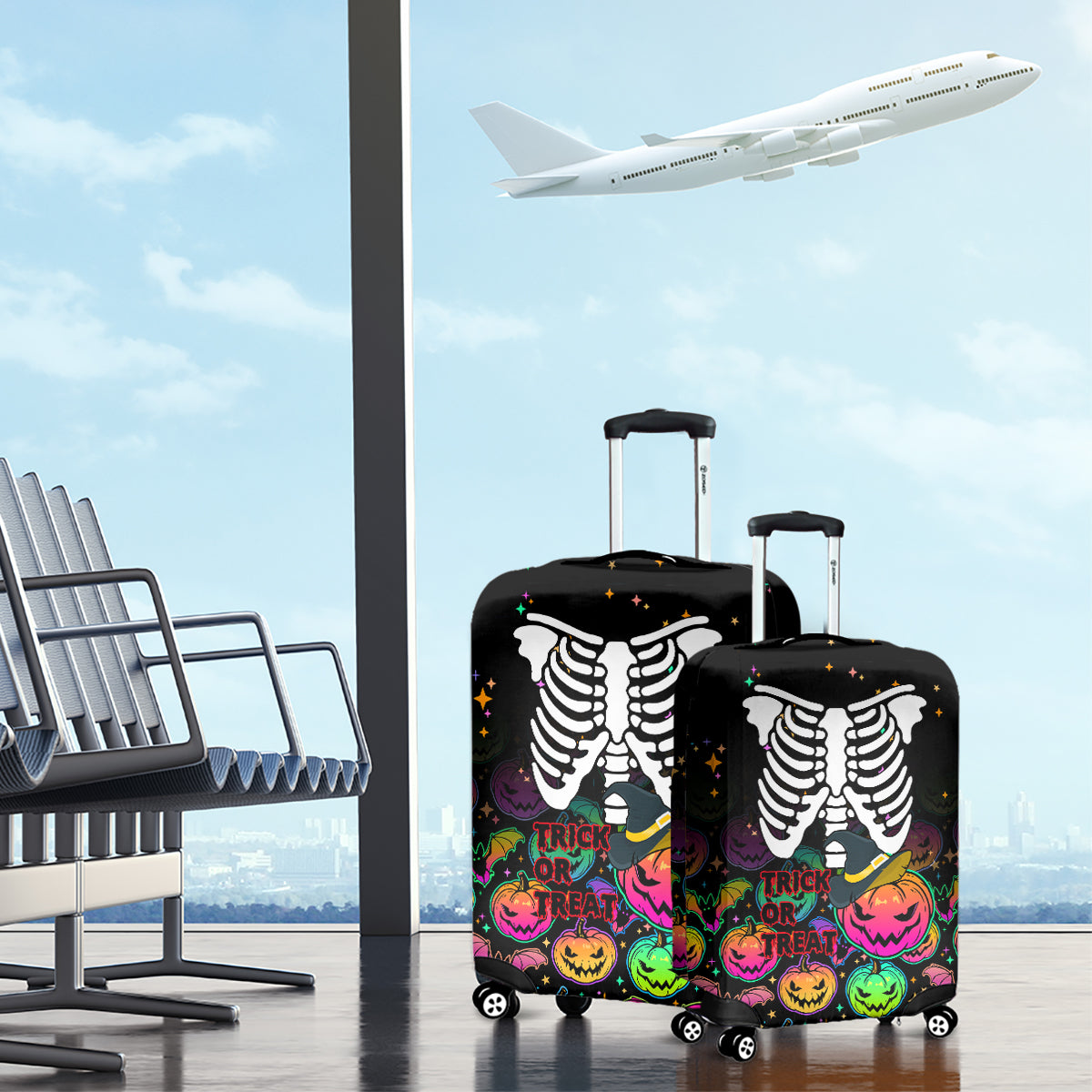 Halloween Skeleton Luggage Cover Trick or Treat Witch Pumpkin Colorful - Wonder Print Shop