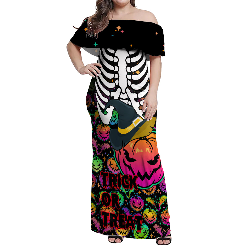 Halloween Skeleton Off Shoulder Maxi Dress Trick or Treat Witch Pumpkin Colorful - Wonder Print Shop