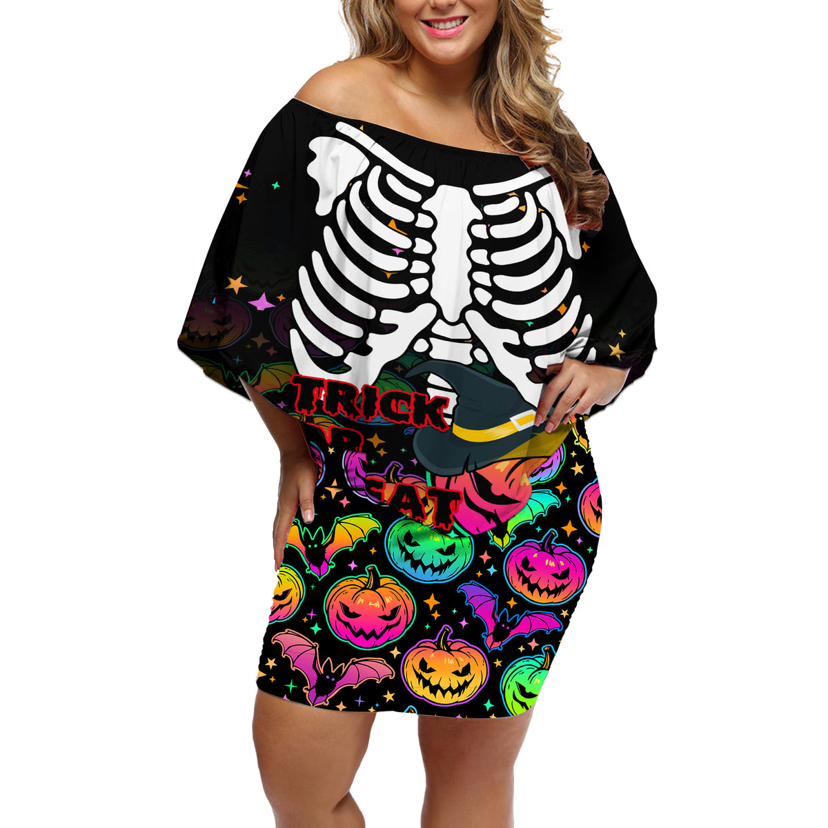 Halloween Skeleton Off Shoulder Short Dress Trick or Treat Witch Pumpkin Colorful - Wonder Print Shop