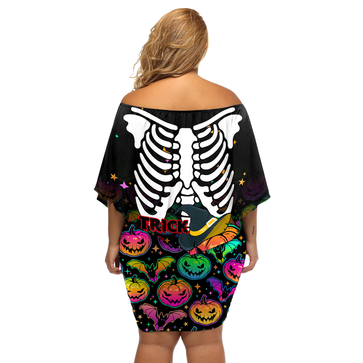 Halloween Skeleton Off Shoulder Short Dress Trick or Treat Witch Pumpkin Colorful - Wonder Print Shop