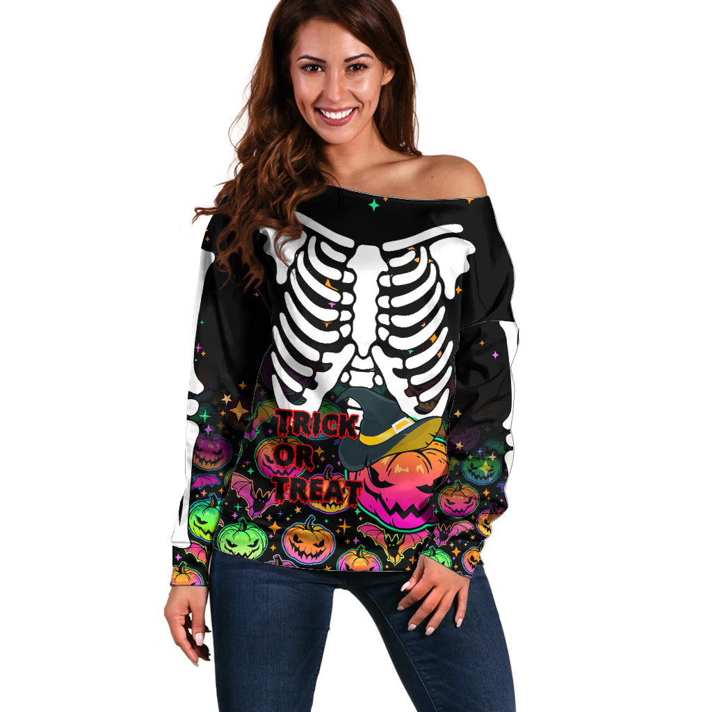 Halloween Skeleton Off Shoulder Sweater Trick or Treat Witch Pumpkin Colorful - Wonder Print Shop