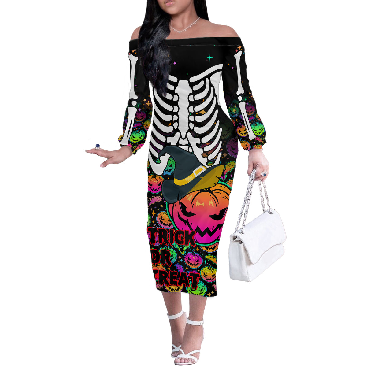 Halloween Skeleton Off The Shoulder Long Sleeve Dress Trick or Treat Witch Pumpkin Colorful - Wonder Print Shop