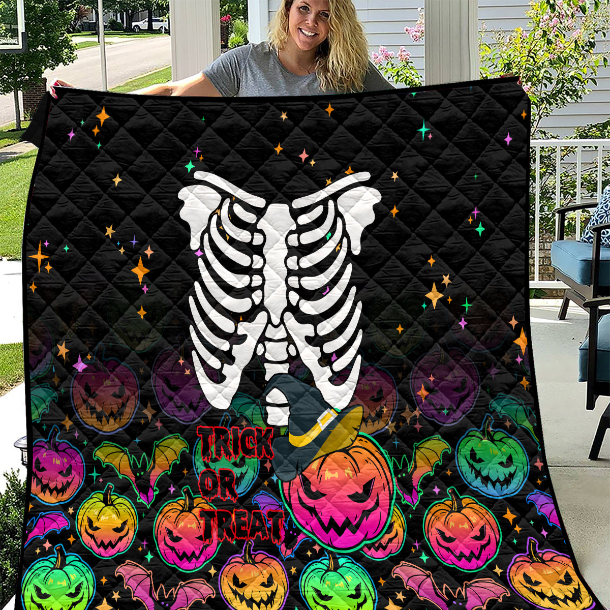 Halloween Skeleton Quilt Trick or Treat Witch Pumpkin Colorful - Wonder Print Shop