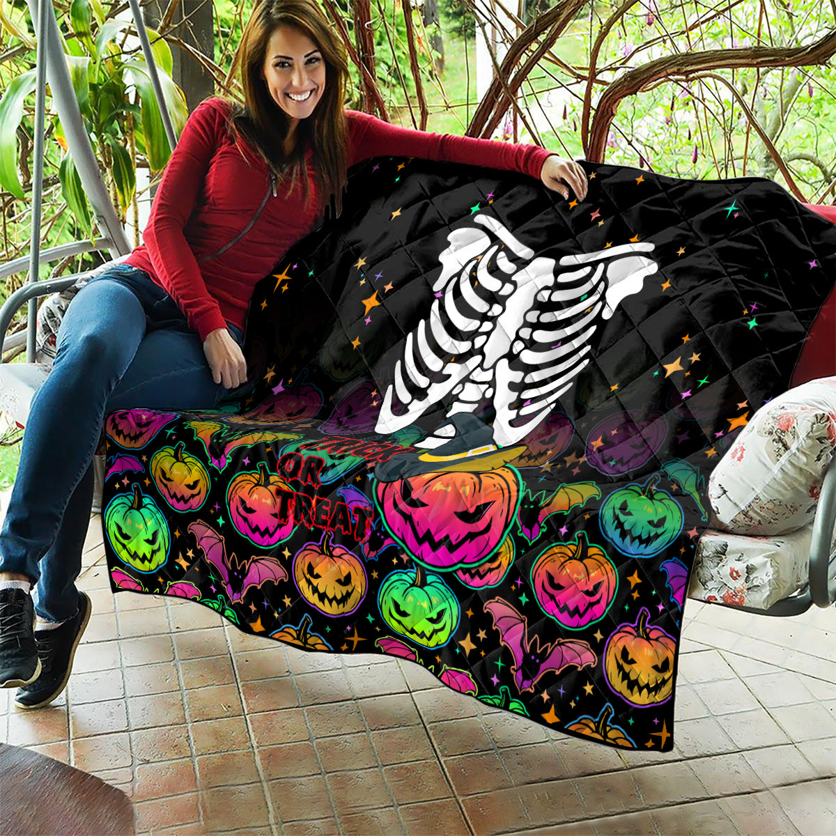 Halloween Skeleton Quilt Trick or Treat Witch Pumpkin Colorful - Wonder Print Shop