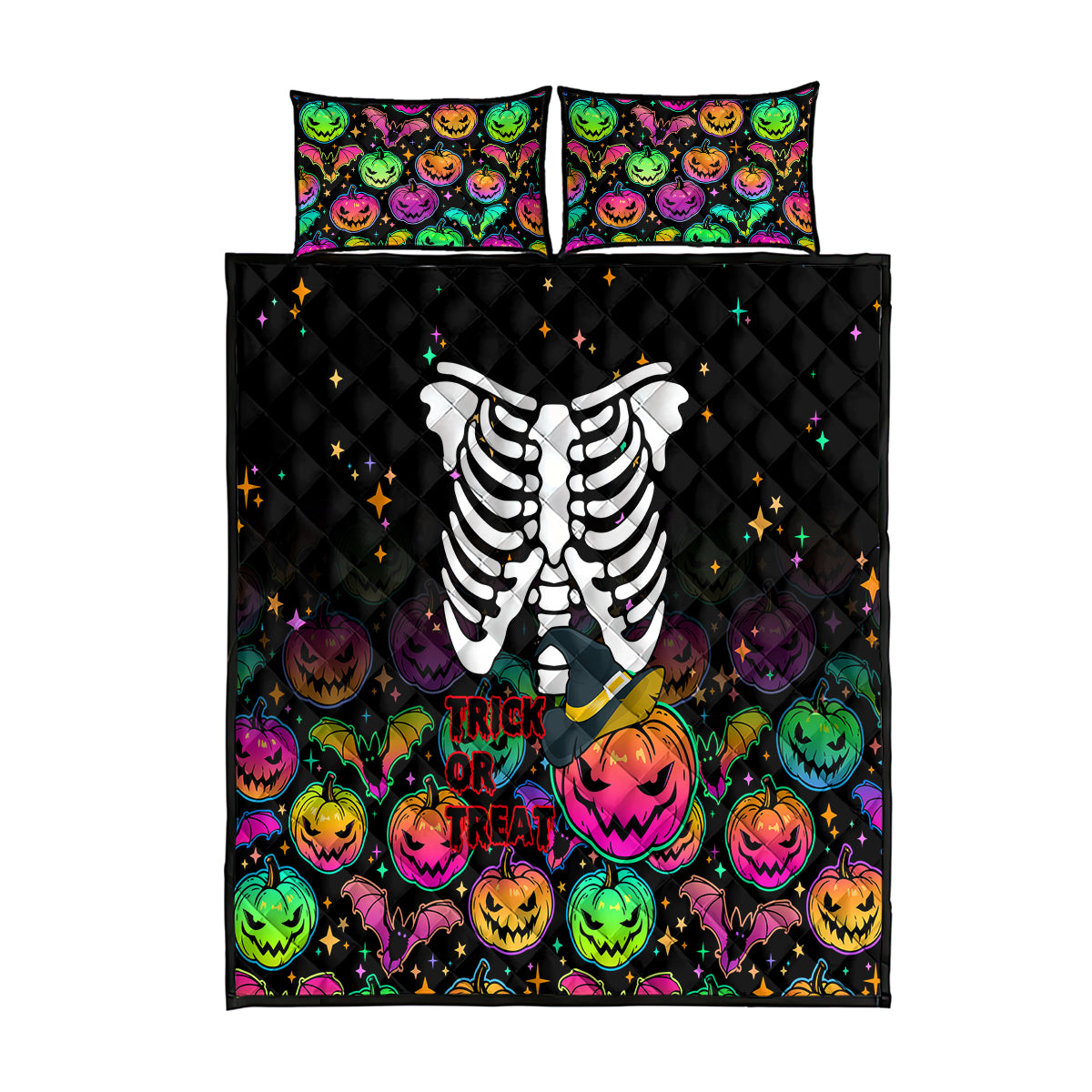 Halloween Skeleton Quilt Bed Set Trick or Treat Witch Pumpkin Colorful - Wonder Print Shop
