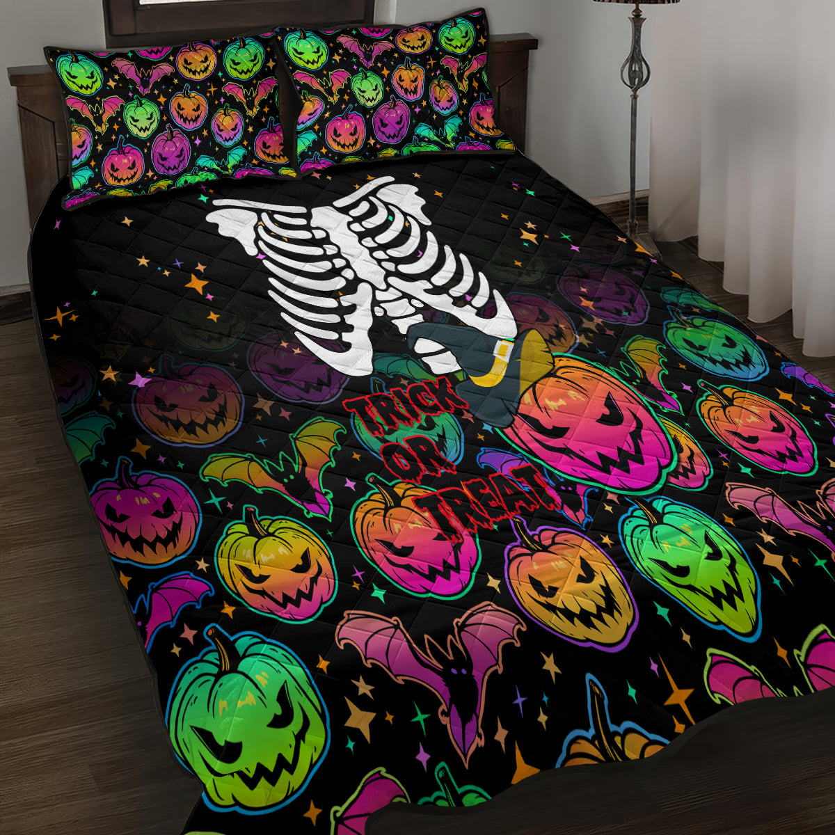 Halloween Skeleton Quilt Bed Set Trick or Treat Witch Pumpkin Colorful - Wonder Print Shop