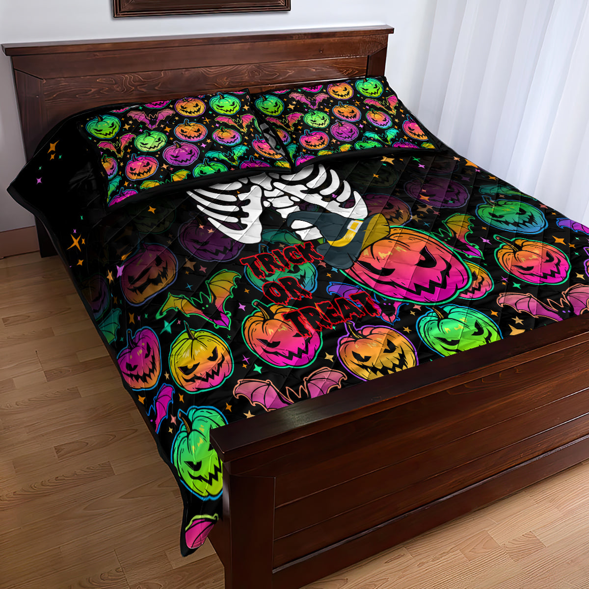Halloween Skeleton Quilt Bed Set Trick or Treat Witch Pumpkin Colorful - Wonder Print Shop