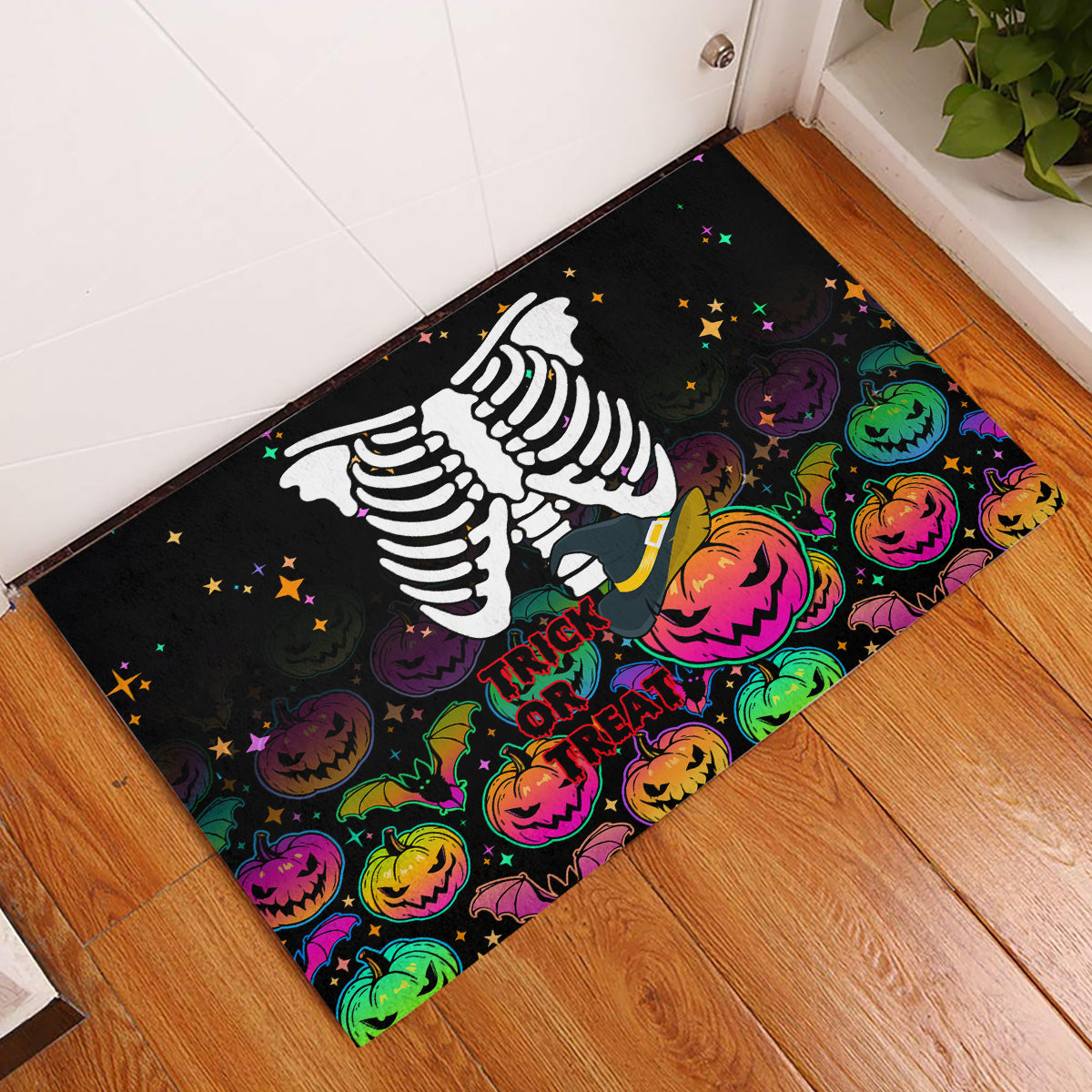 Halloween Skeleton Rubber Doormat Trick or Treat Witch Pumpkin Colorful - Wonder Print Shop