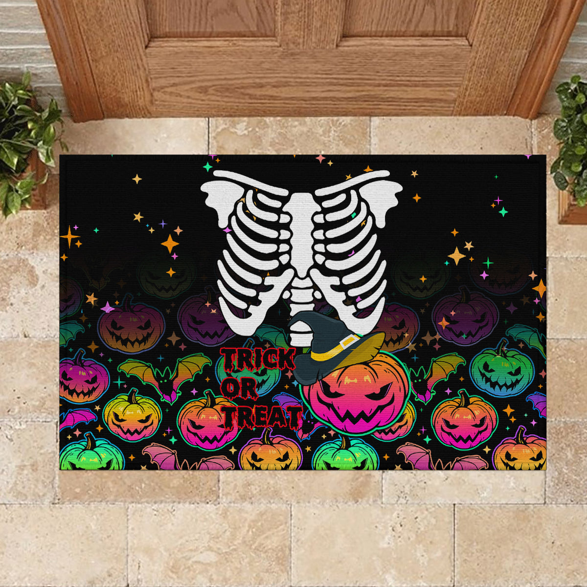 Halloween Skeleton Rubber Doormat Trick or Treat Witch Pumpkin Colorful - Wonder Print Shop