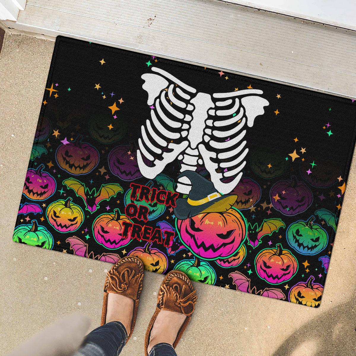 Halloween Skeleton Rubber Doormat Trick or Treat Witch Pumpkin Colorful - Wonder Print Shop