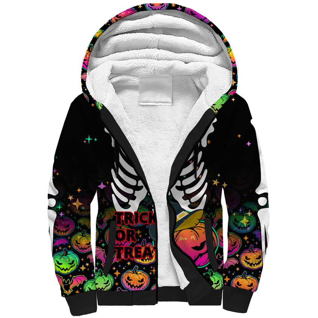 Halloween Skeleton Sherpa Hoodie Trick or Treat Witch Pumpkin Colorful - Wonder Print Shop