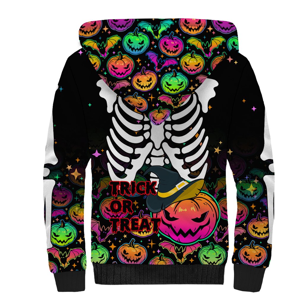 Halloween Skeleton Sherpa Hoodie Trick or Treat Witch Pumpkin Colorful - Wonder Print Shop