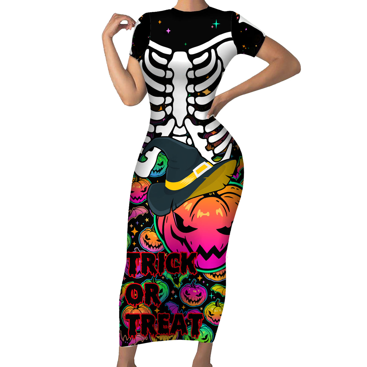 Halloween Skeleton Short Sleeve Bodycon Dress Trick or Treat Witch Pumpkin Colorful - Wonder Print Shop
