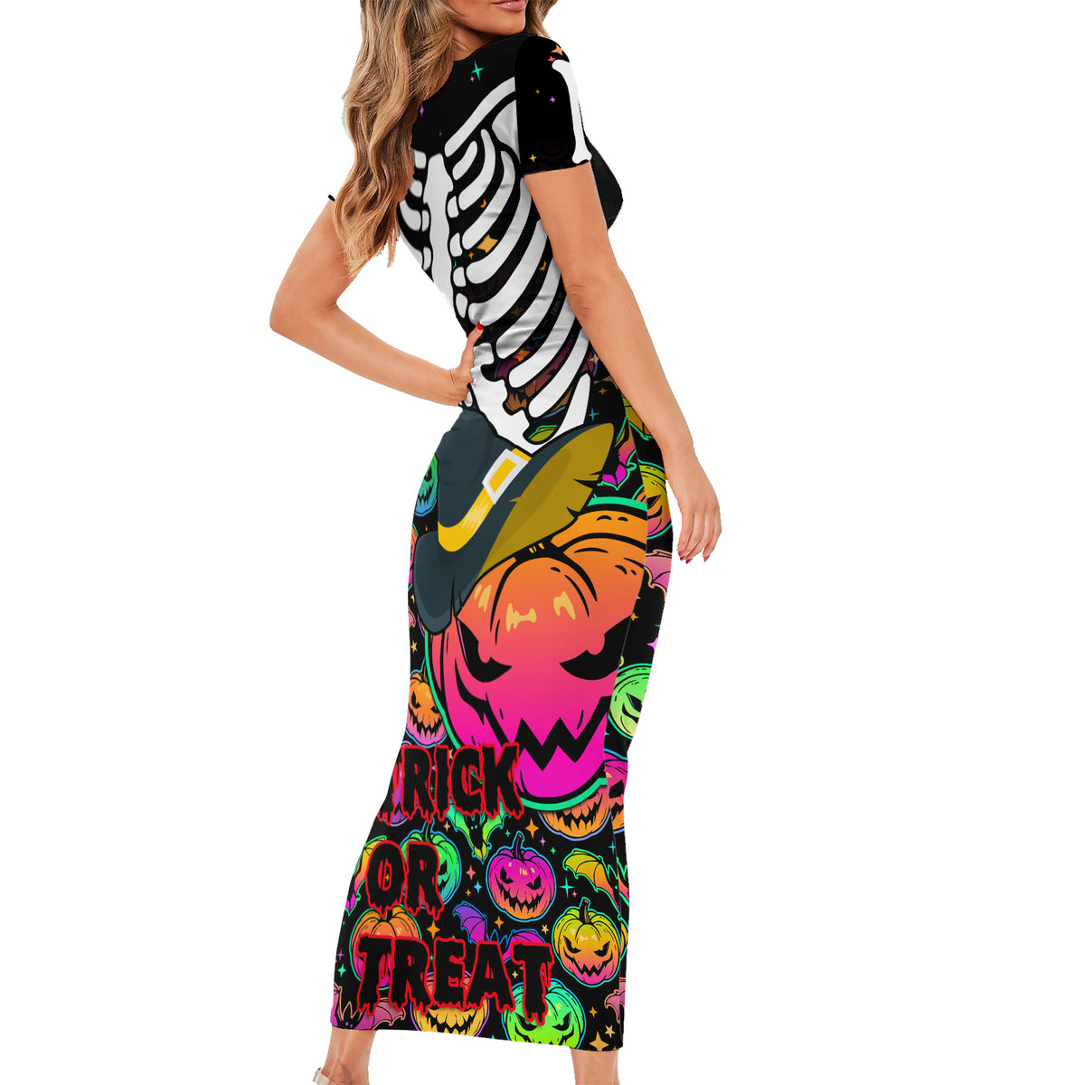 Halloween Skeleton Short Sleeve Bodycon Dress Trick or Treat Witch Pumpkin Colorful - Wonder Print Shop