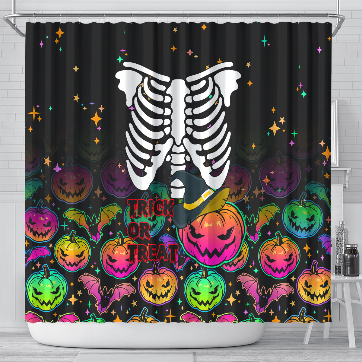 halloween-skeleton-shower-curtain-trick-or-treat-witch-pumpkin-colorful