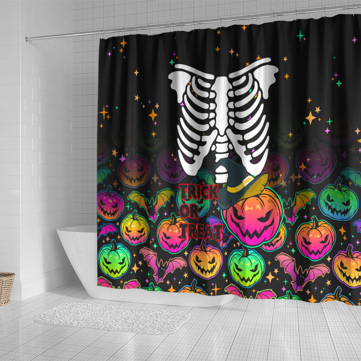 halloween-skeleton-shower-curtain-trick-or-treat-witch-pumpkin-colorful