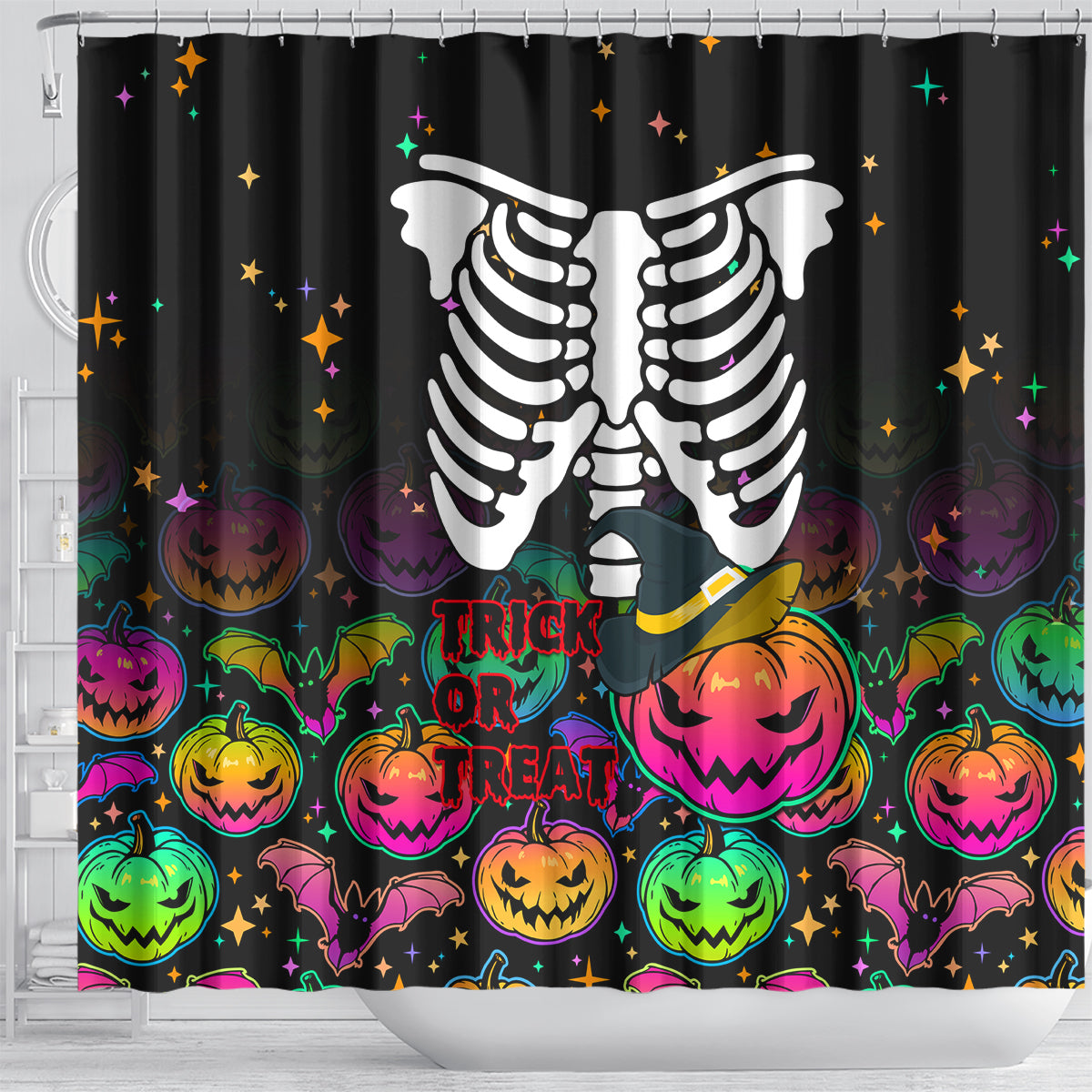 halloween-skeleton-shower-curtain-trick-or-treat-witch-pumpkin-colorful