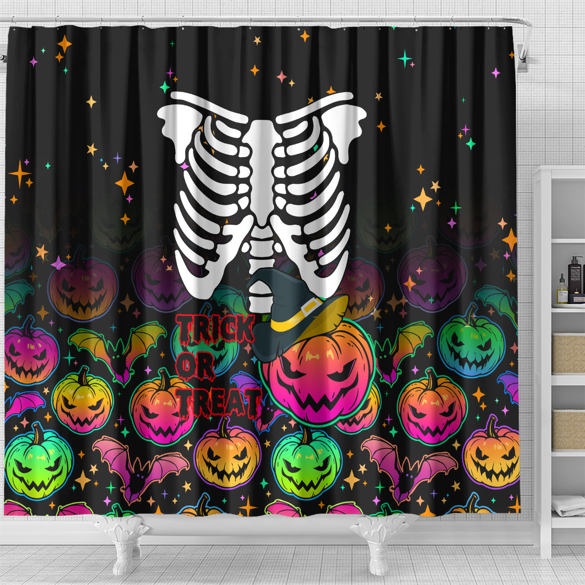 halloween-skeleton-shower-curtain-trick-or-treat-witch-pumpkin-colorful