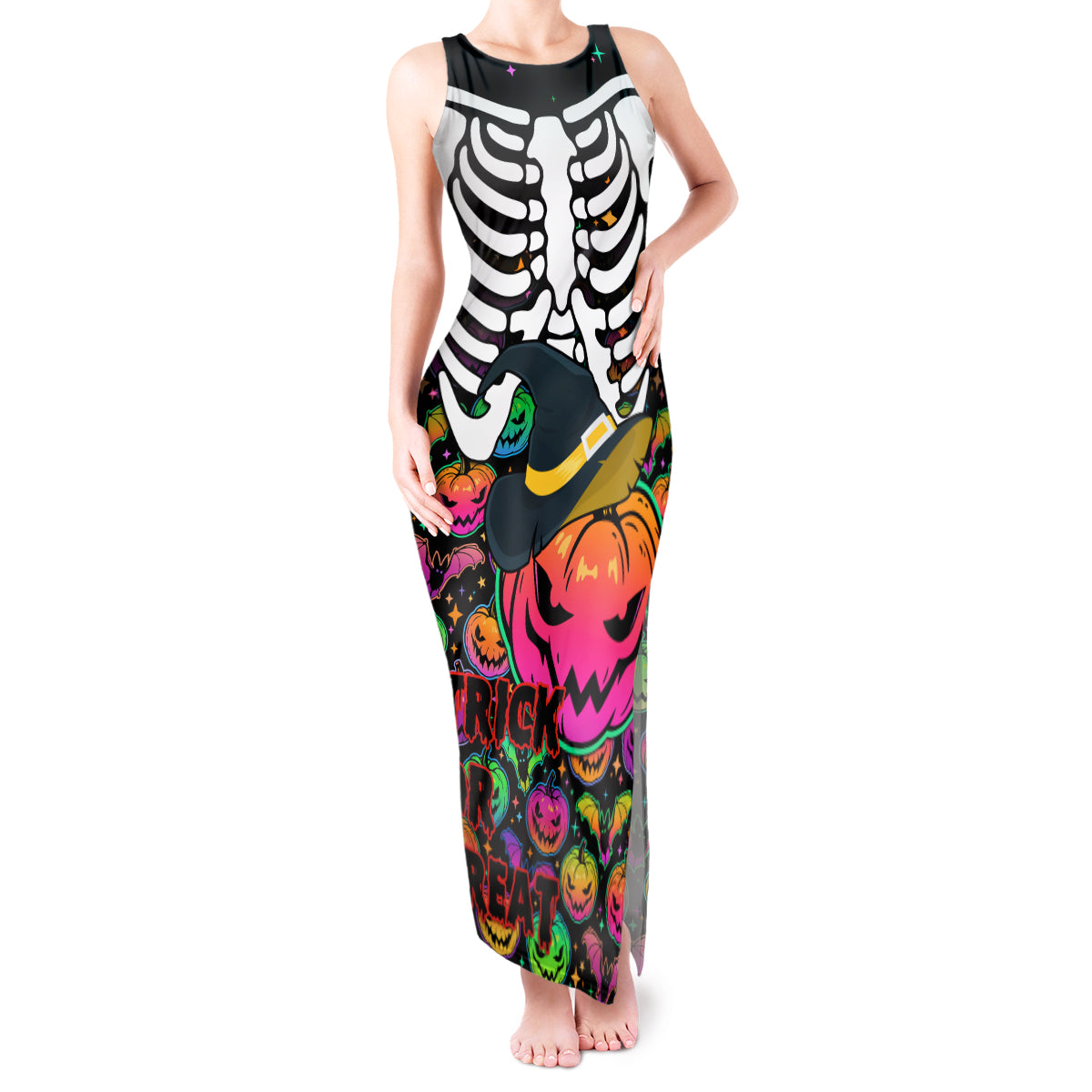 Halloween Skeleton Tank Maxi Dress Trick or Treat Witch Pumpkin Colorful - Wonder Print Shop