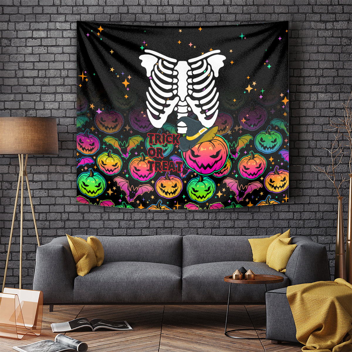 Halloween Skeleton Tapestry Trick or Treat Witch Pumpkin Colorful - Wonder Print Shop