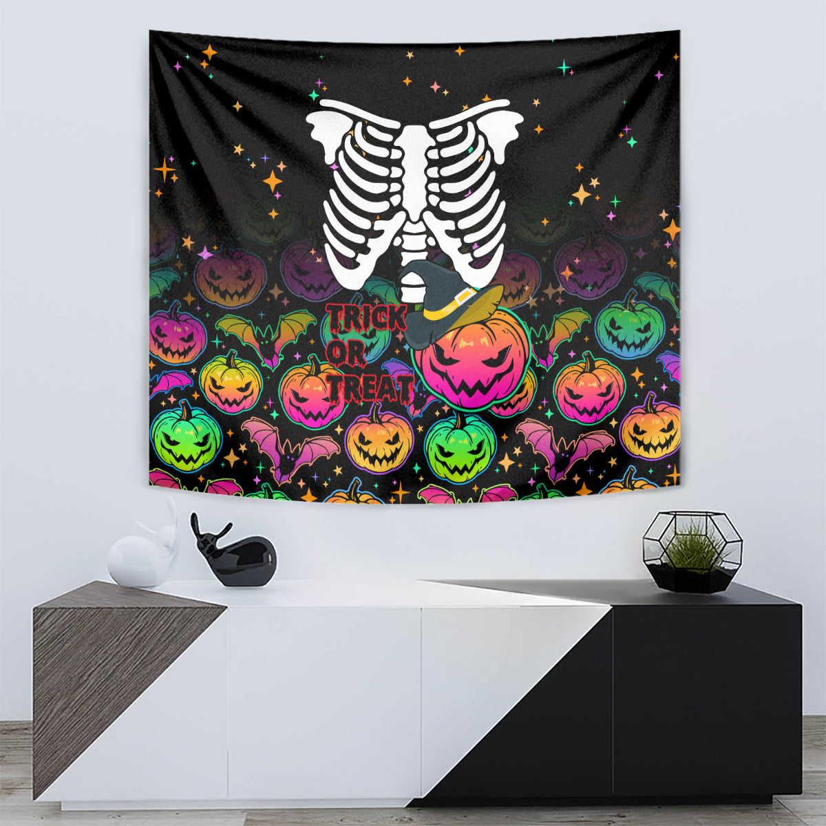 Halloween Skeleton Tapestry Trick or Treat Witch Pumpkin Colorful - Wonder Print Shop