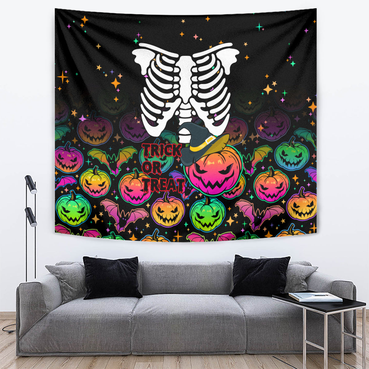 Halloween Skeleton Tapestry Trick or Treat Witch Pumpkin Colorful - Wonder Print Shop