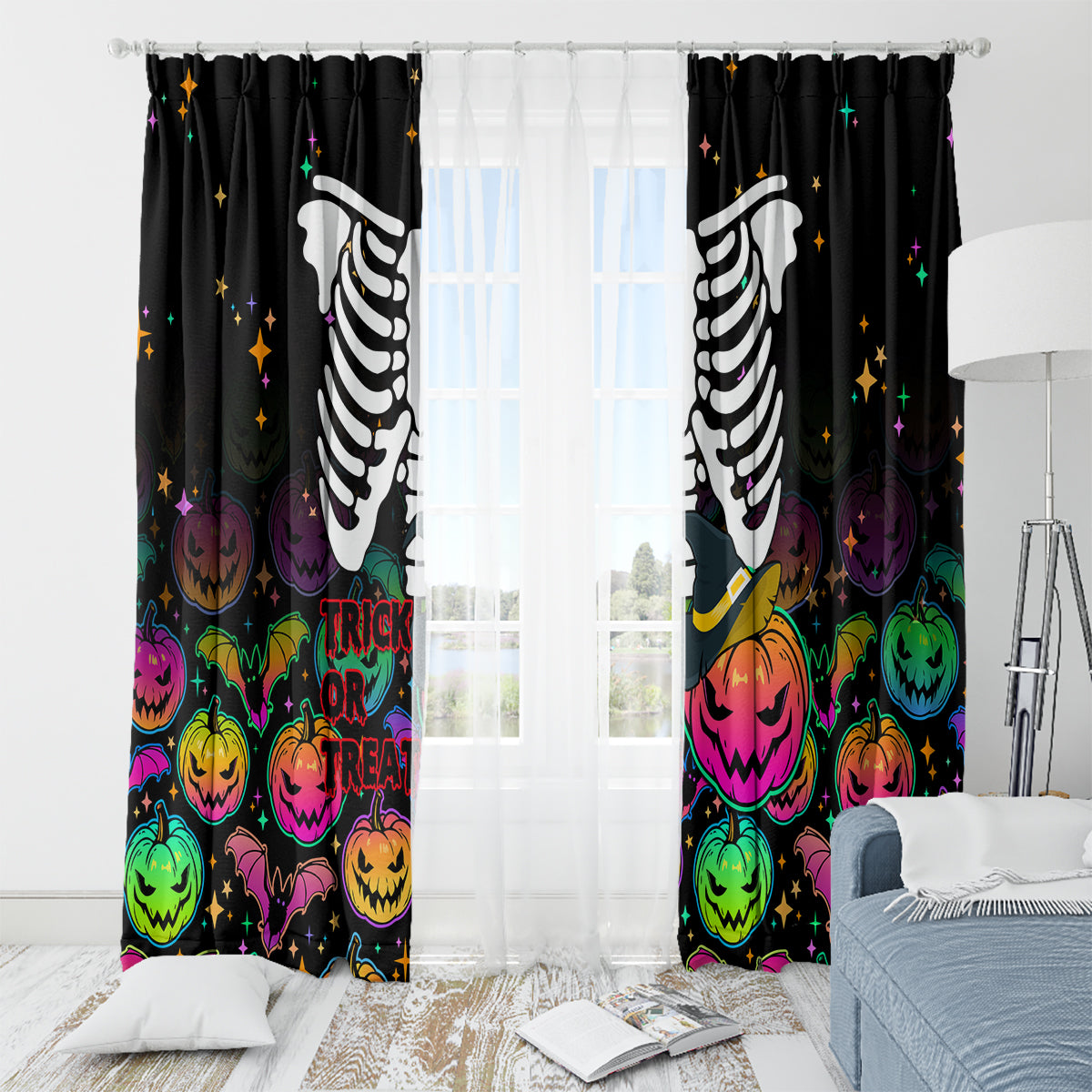 Halloween Skeleton Window Curtain Trick or Treat Witch Pumpkin Colorful - Wonder Print Shop