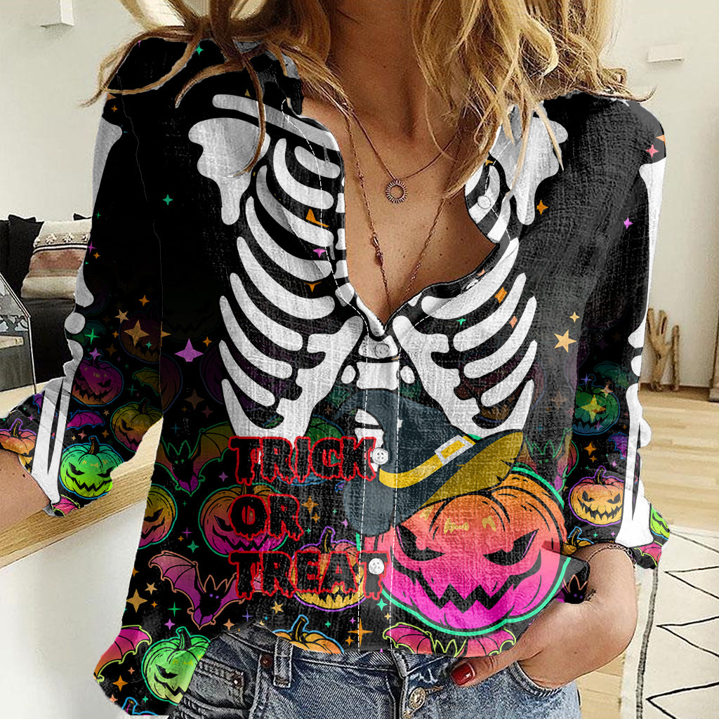 Halloween Skeleton Women Casual Shirt Trick or Treat Witch Pumpkin Colorful - Wonder Print Shop