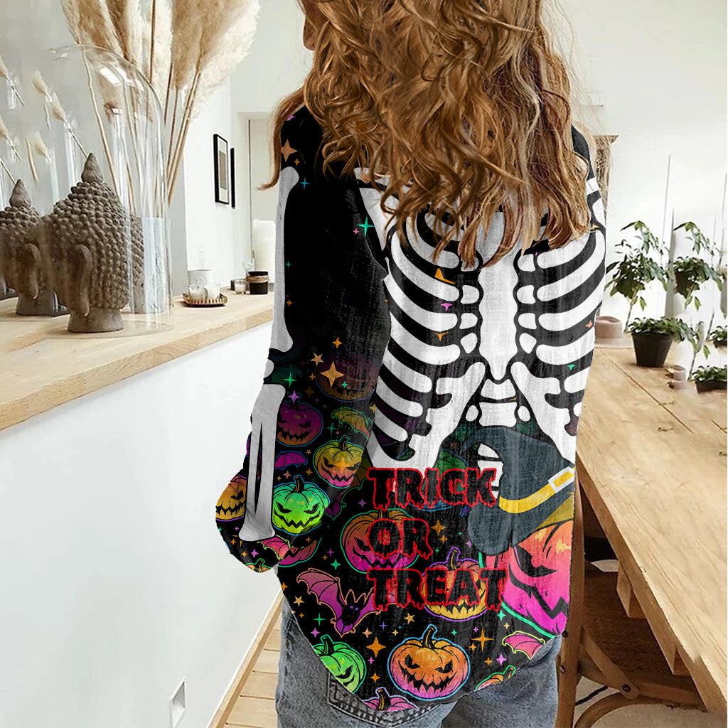 Halloween Skeleton Women Casual Shirt Trick or Treat Witch Pumpkin Colorful - Wonder Print Shop