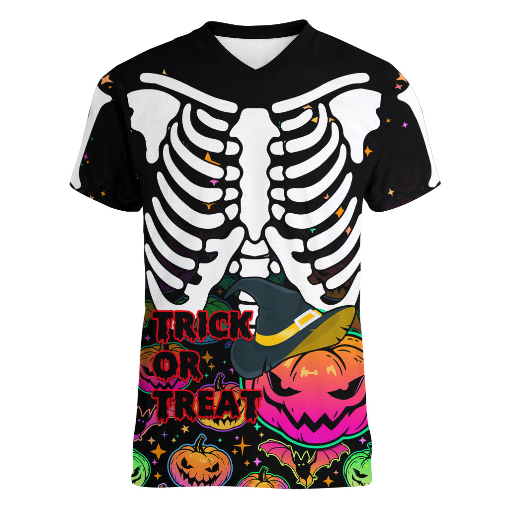 Halloween Skeleton Women V Neck T Shirt Trick or Treat Witch Pumpkin Colorful - Wonder Print Shop