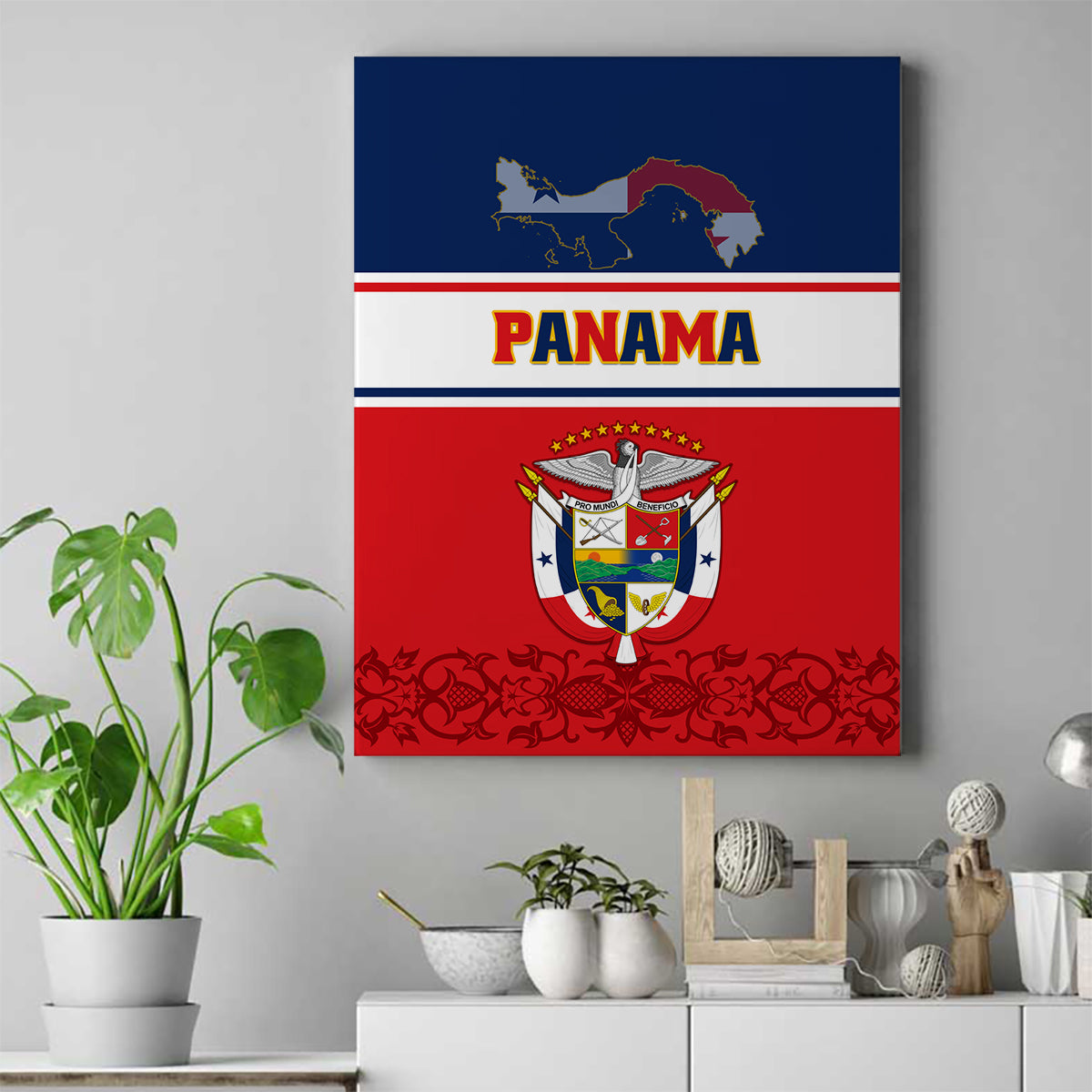 Panama Independence Day Canvas Wall Art Coat Of Arms Pollera Pattern - Wonder Print Shop
