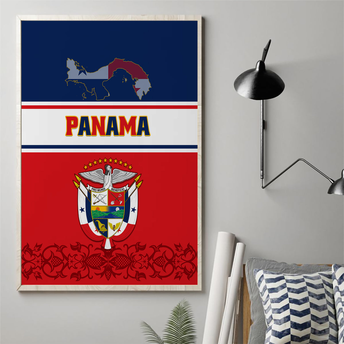 Panama Independence Day Canvas Wall Art Coat Of Arms Pollera Pattern - Wonder Print Shop