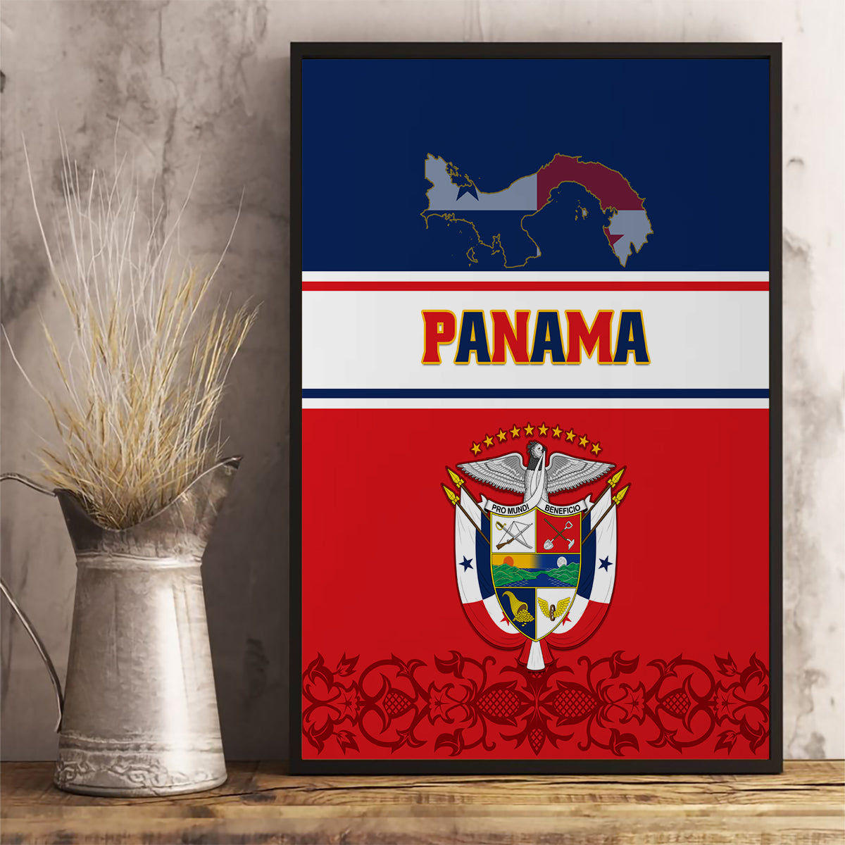 Panama Independence Day Canvas Wall Art Coat Of Arms Pollera Pattern - Wonder Print Shop