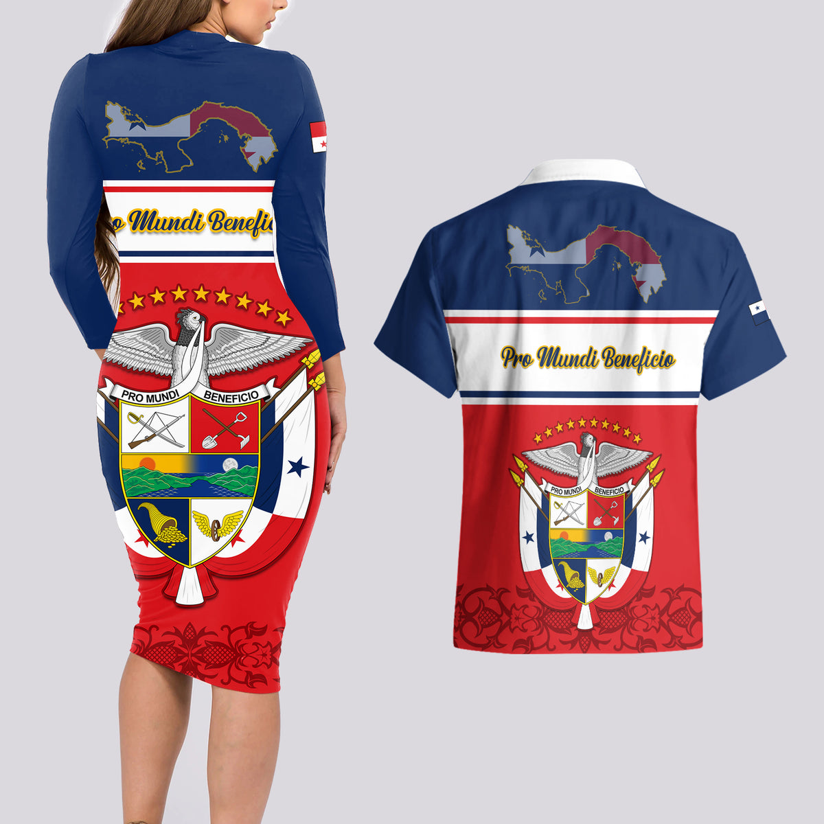 Panama Independence Day Couples Matching Long Sleeve Bodycon Dress and Hawaiian Shirt Coat Of Arms Pollera Pattern - Wonder Print Shop