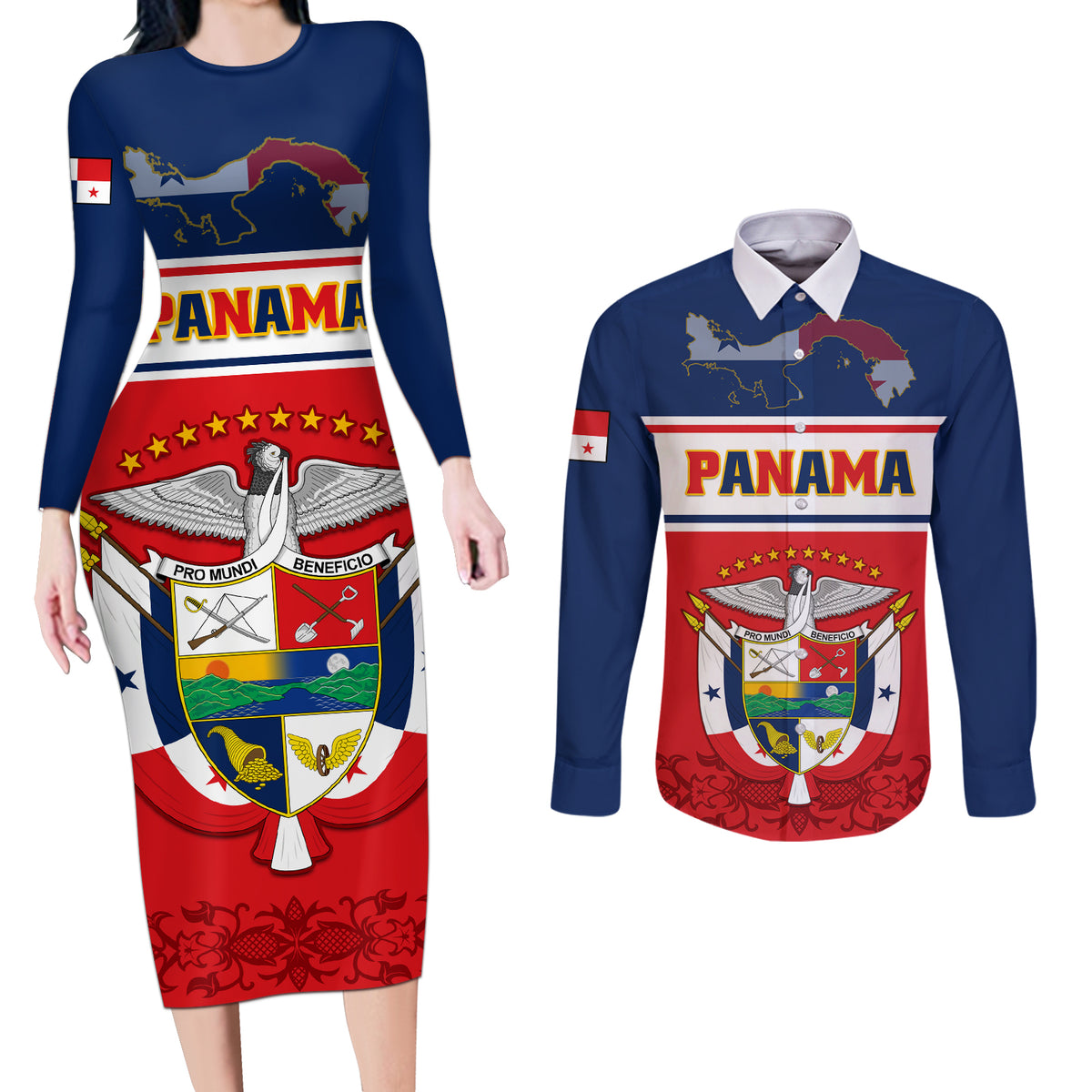 Panama Independence Day Couples Matching Long Sleeve Bodycon Dress and Long Sleeve Button Shirts Coat Of Arms Pollera Pattern - Wonder Print Shop