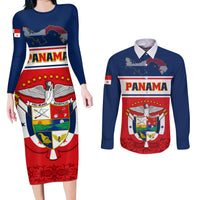 Panama Independence Day Couples Matching Long Sleeve Bodycon Dress and Long Sleeve Button Shirts Coat Of Arms Pollera Pattern - Wonder Print Shop