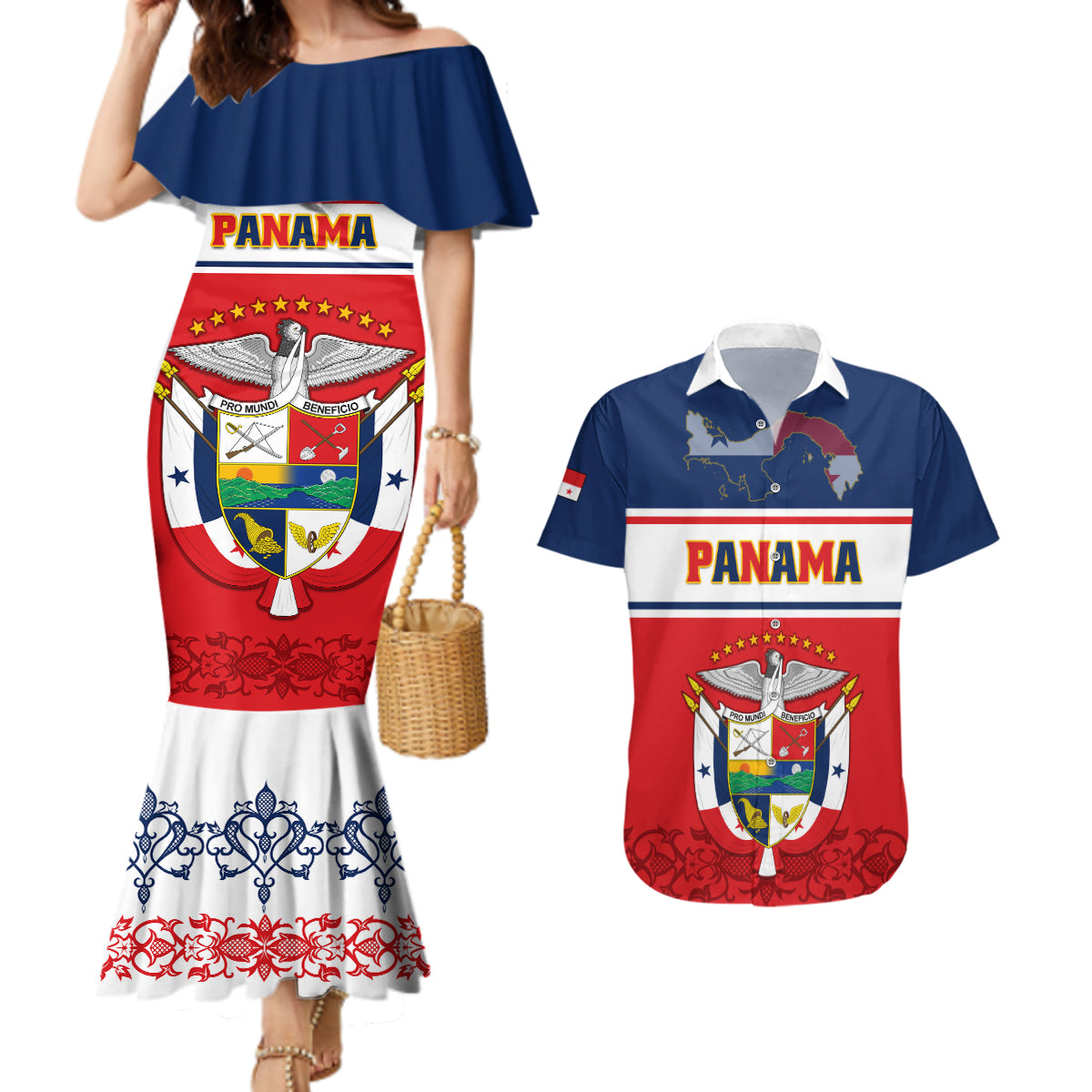 Panama Independence Day Couples Matching Mermaid Dress and Hawaiian Shirt Coat Of Arms Pollera Pattern - Wonder Print Shop