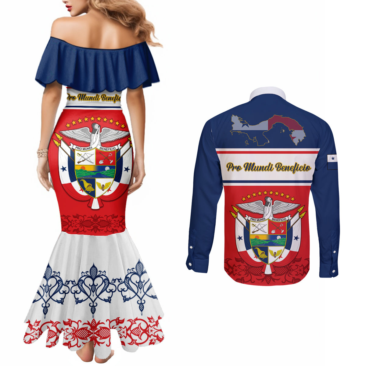 panama-independence-day-couples-matching-mermaid-dress-and-long-sleeve-button-shirts-coat-of-arms-pollera-pattern